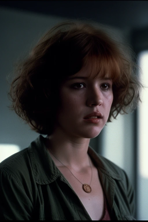 Full shot of eighteen-year-old Molly Ringwald, messy/shaggy razored/layered bob haircut with sideswept bangs, bags under eyes, exhausted eyes, undershadowed eyes, with copper pocketwatch necklace, wearing dark green jacket with sleeves rolled up, white tank top and jeans, extremely realistic, extremely detailed, extreme realism, extreme detail, extremely accurate resemblance, scene from 1986 psychological sci-fi horror film, directed by Michael Mann, cinematography by Dante Spinotti, muted color scheme, muted color palette, neo-noir, tech-noir, shot on 35mm film, aspect ratio 2:35:1, atmospheric, moody, Manhunter (1986) influenced, Thief (1981) influenced, bedhead, unkempt hair, insomniac, dark circles under eyes, brooding anti-heroine, cult classic, cult film, complex, elaborate, masterpiece, underlit, dark, 4k ultra HD remaster from original 35mm film negative, taken from 4k ultra HD Blu-Ray release