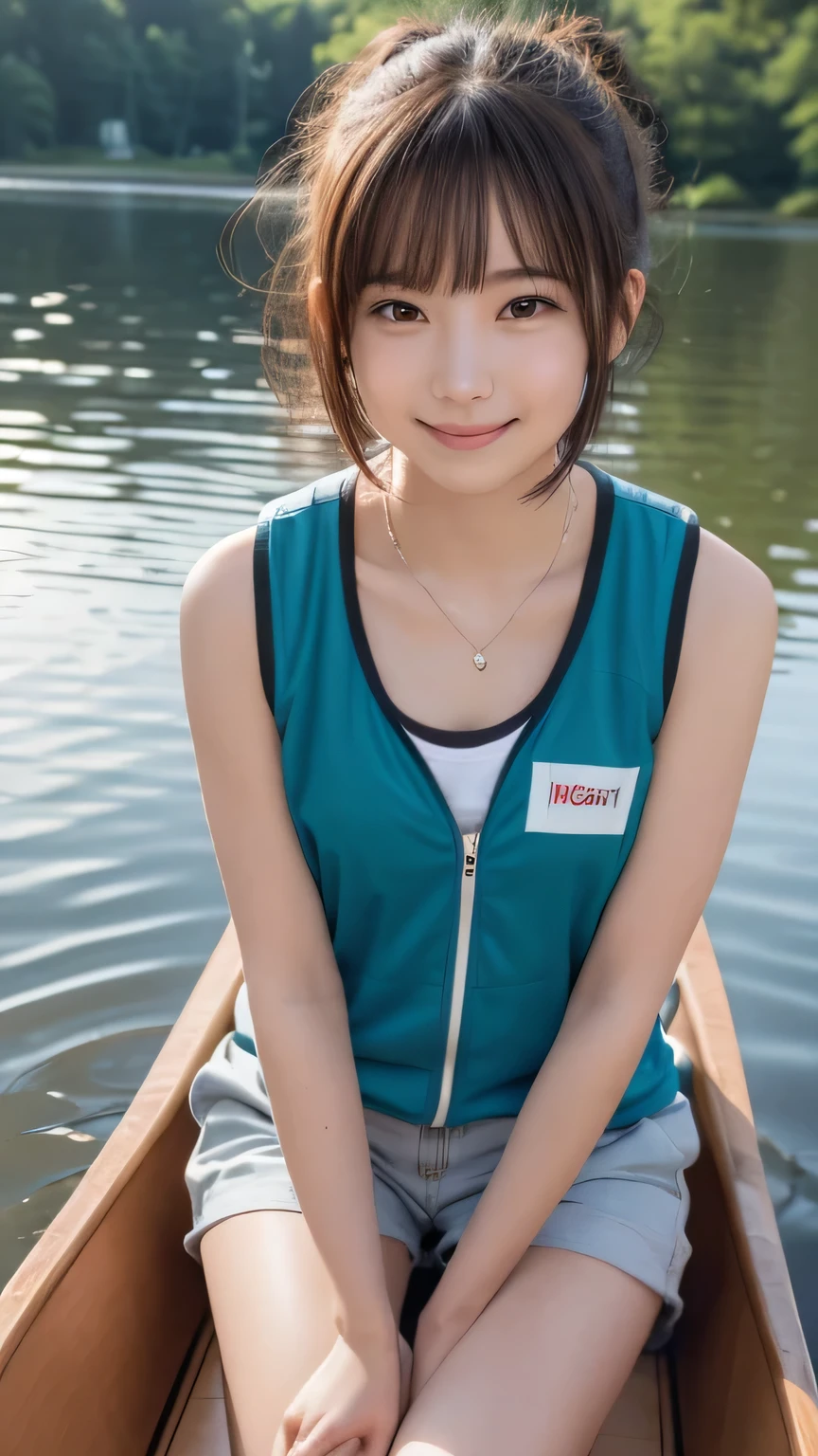 closeup shot , Best picture quality (8K, high resolution, Masterpiece: 1.2), super detailed,  215 Short Hair, -yeld wo, 

situation: Greeting the sunrise by the lake、Canoeing scene。
clothing: casual outdoor wear（freeze、Shorts、sandals）、Life jacket。
angle: With a calm lake in the background、A wide-angle shot of a canoe being rowed。Close-up of the sunrise reflected on the lake surface、Shows her relaxing on a canoe。Emphasizing the tranquility of the lake and the beauty of the sunrise。

Close-up of face 

, random cute pose ,big eyes ,Puffy eyes ,  Heart Pupil, blush  , huge shy smile , salute
