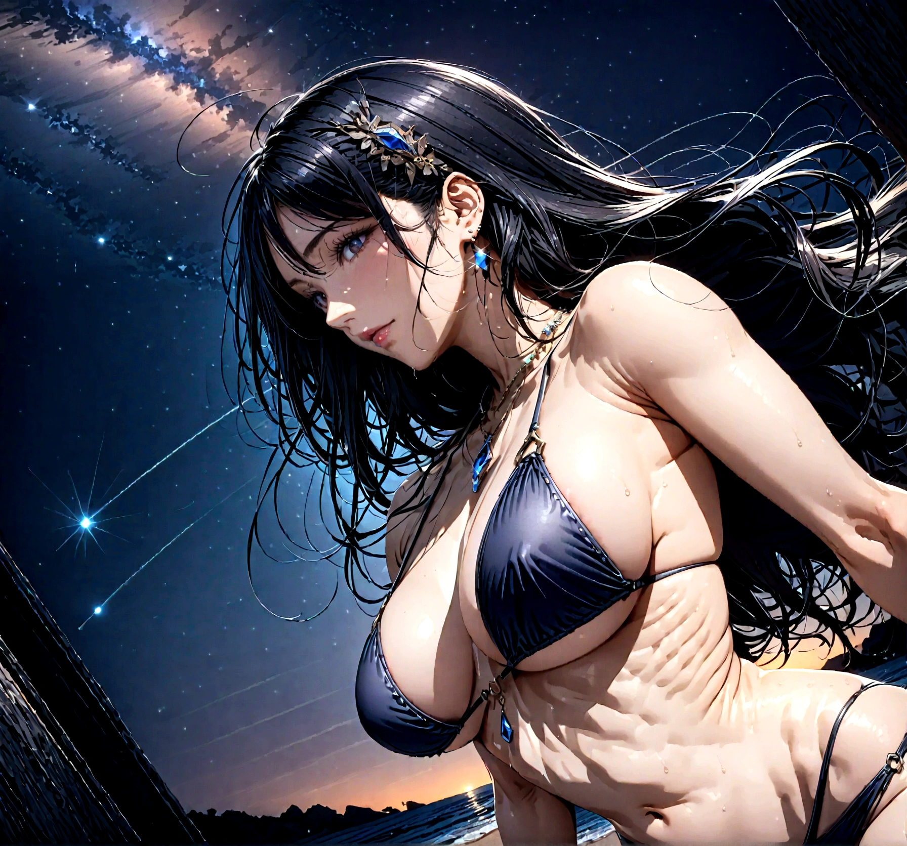 8k, masterpiece, RAW Photos, highest quality, Realistic, Very detailed, Depth of written boundary, Cinematic Light, Anatomically correct body,
(One beautiful 40 year old elegant mature woman:1.4), Very beautiful face, Exquisitely detailed face, (A calm and gentle face:1.4), Very delicate skin texture, Transparent muscle, Shiny white skin, Glamorous Body,
(Wavy black long hair:1.2), Sexy Breasts, Sexy ass,
(Brazilian Bikini:1.4), (Detailed cloth texture:1.2), (Body chain accessory with detailed jewel studded embellishments:1.3), (Gorgeous necklace:1.1), (Gorgeous earrings:1.1),
(Dark starry background:1.4), (Milky Way:1.1), (milky way:1.1), (shooting star:1.1), (Dark coastline at night:1.4), (Pitch black sea surface:1.4),
(Standing on the beach:1.2),
(Low angle shot:1.8),