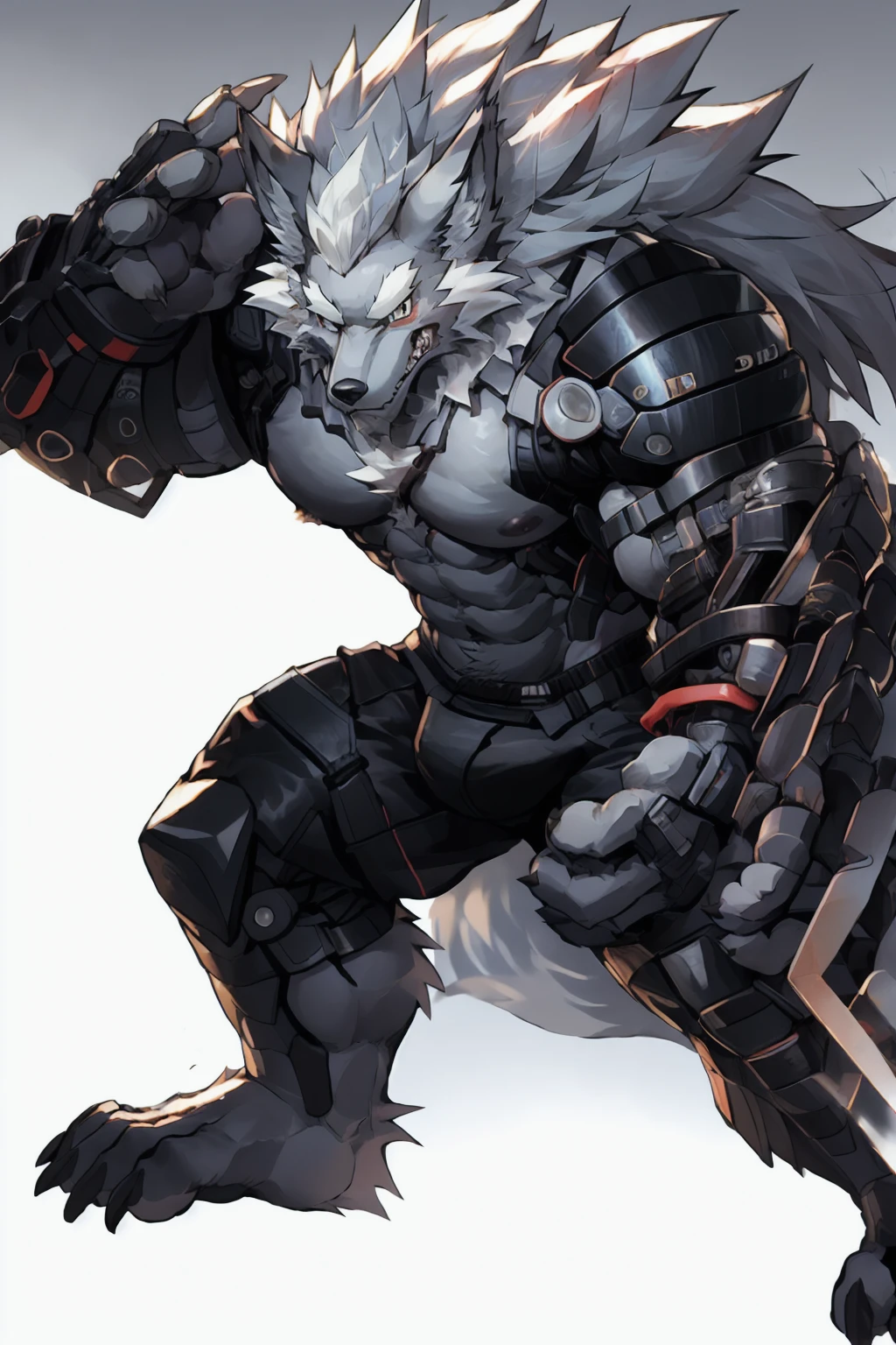 masterpiece,best quality,(1 boy:1.1),(Solitary:1.1),muscular male,Empty,8k HD,Extremely detailed,Detailed background,masterpiece,muscular,muscular anthro,grown up,(Looking at the audience:1.1),(single background:1.4), ::2],Solitary,Medium shot,whole body,
(langshu:1.3),Wolf Boy,beard,Thick eyebrows,Gray body,Wolf ears,White hair,Long hair,Wolf Tail,nail,(lindong:0.3),(null-ghost:0.3)
