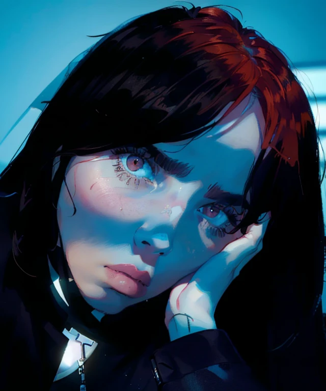 there is a woman with red hair and a black jacket, billie eilish, portrait of billie eilish, billie eilish portrait, overlord billie eilish, billie eilish as a nun, billie eilish as a sad nun, color portrait, intense gaze, charli xcx, charli bowater, inspired by Elsa Bleda, tiffany dover, edited