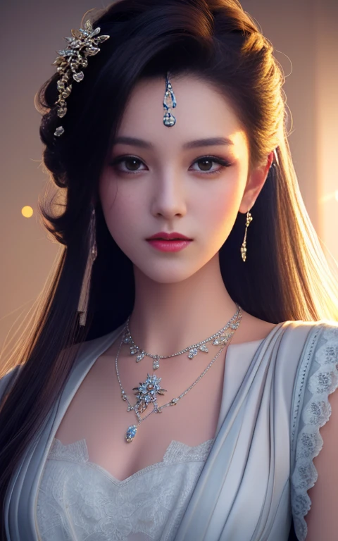 Best Quality, Masterpiece, High Resolution, 1 Girl, Porcelain Dress, Hair Accessories, Necklace, Jewelry, Beautiful Face, Physical, Tyndall Effect, Realistic, Dark Studio, Rim Lighting, Duotone Lighting, (High Detail skin: 1.2), 8k uhd, DSLR, soft light, high quality, volumetric light, sneak shot, photo, high resolution, 4k, 8k, bokeh, , super crazy hairstyles, beautiful long hairs, crazy long hairs, super long hairs, long hair, crazy long hairs, super long hairs , Long wavy hairstyle