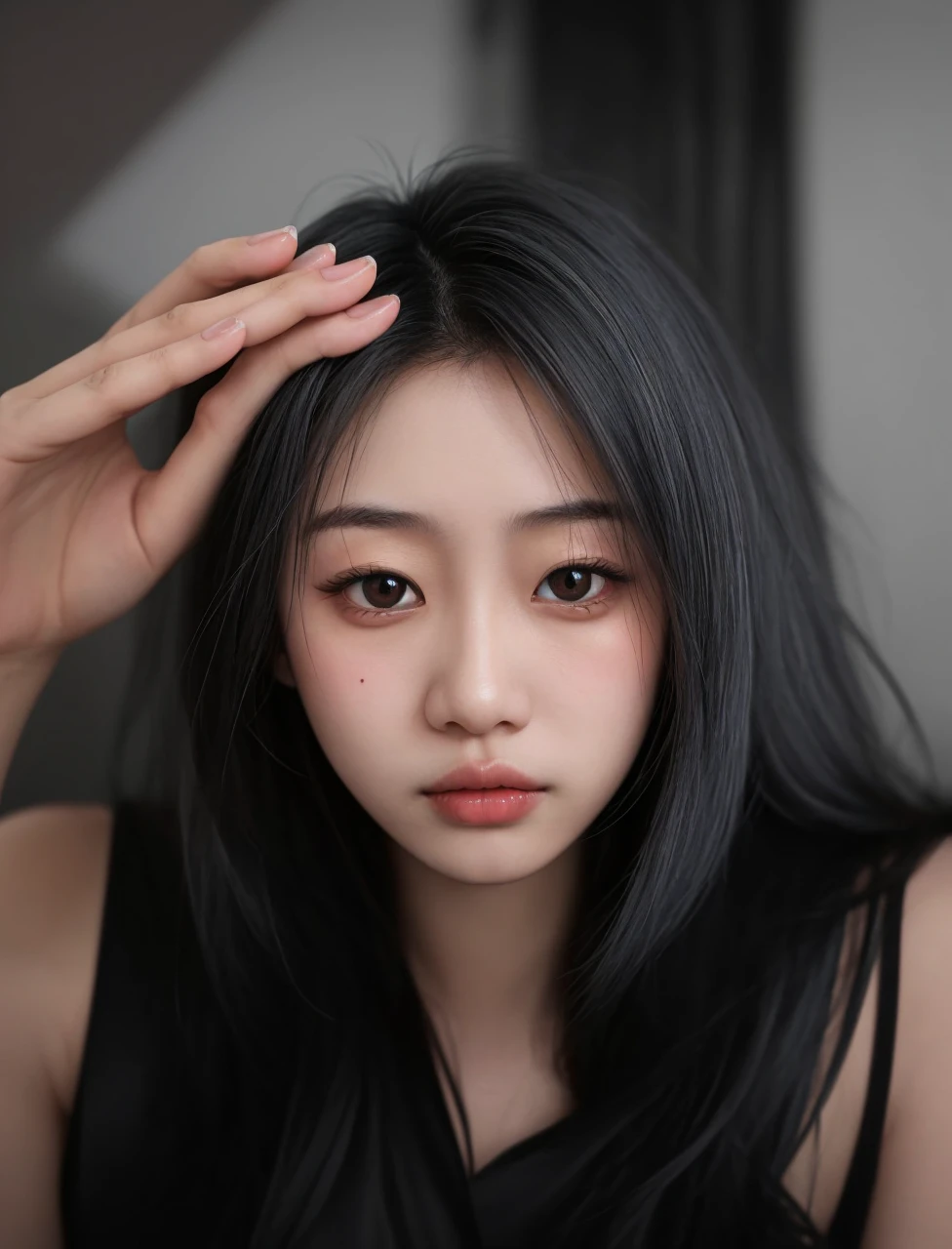 Asian girl, slanted gray eyes, long silky hair, delicate hands and long nails