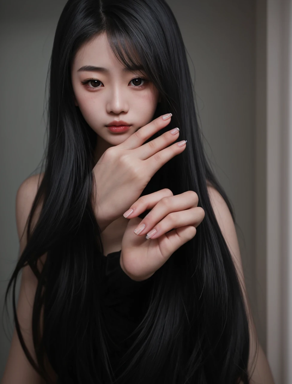 Asian girl, slanted gray eyes, long silky hair, delicate hands and long nails