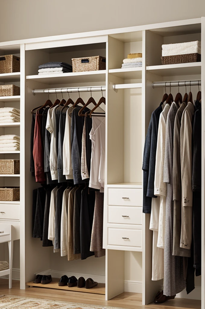 A clothes closet without doors, only shelves and with a space to iron clothes