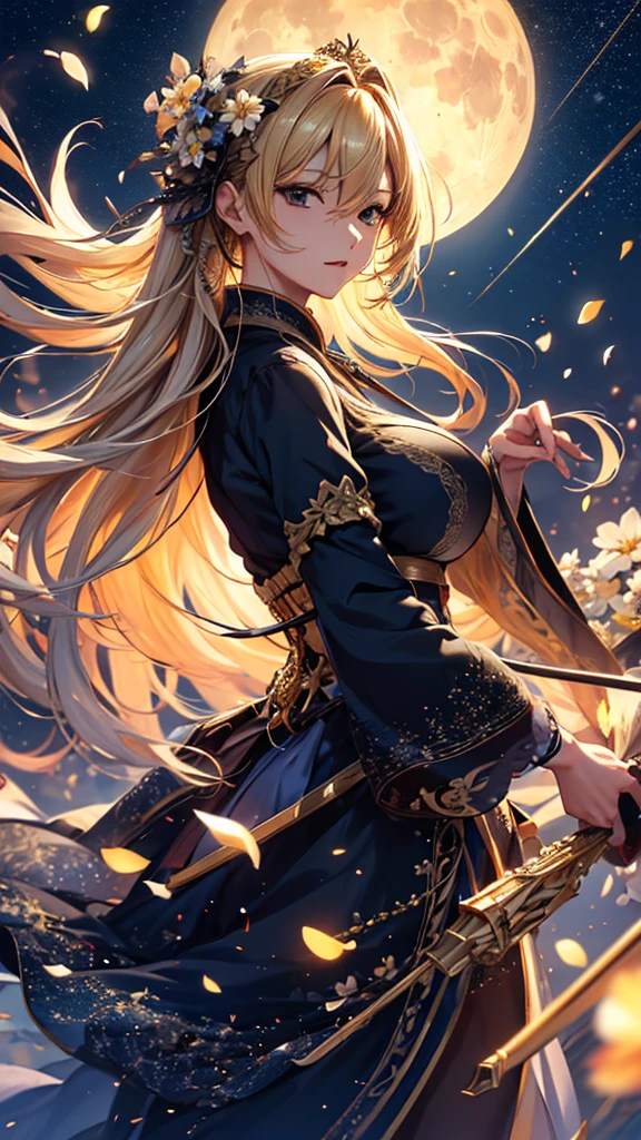 masterpiece, high quality, 4K, Beautiful design, silhouette,blonde, 非常に詳細な夜のStarry Sky,Flower Field, wonderful, Finer details, Very knowledgeable woman, Highly detailed solo, 1 female,Big Breasts,dress,Night view,Starry Sky,full moon,