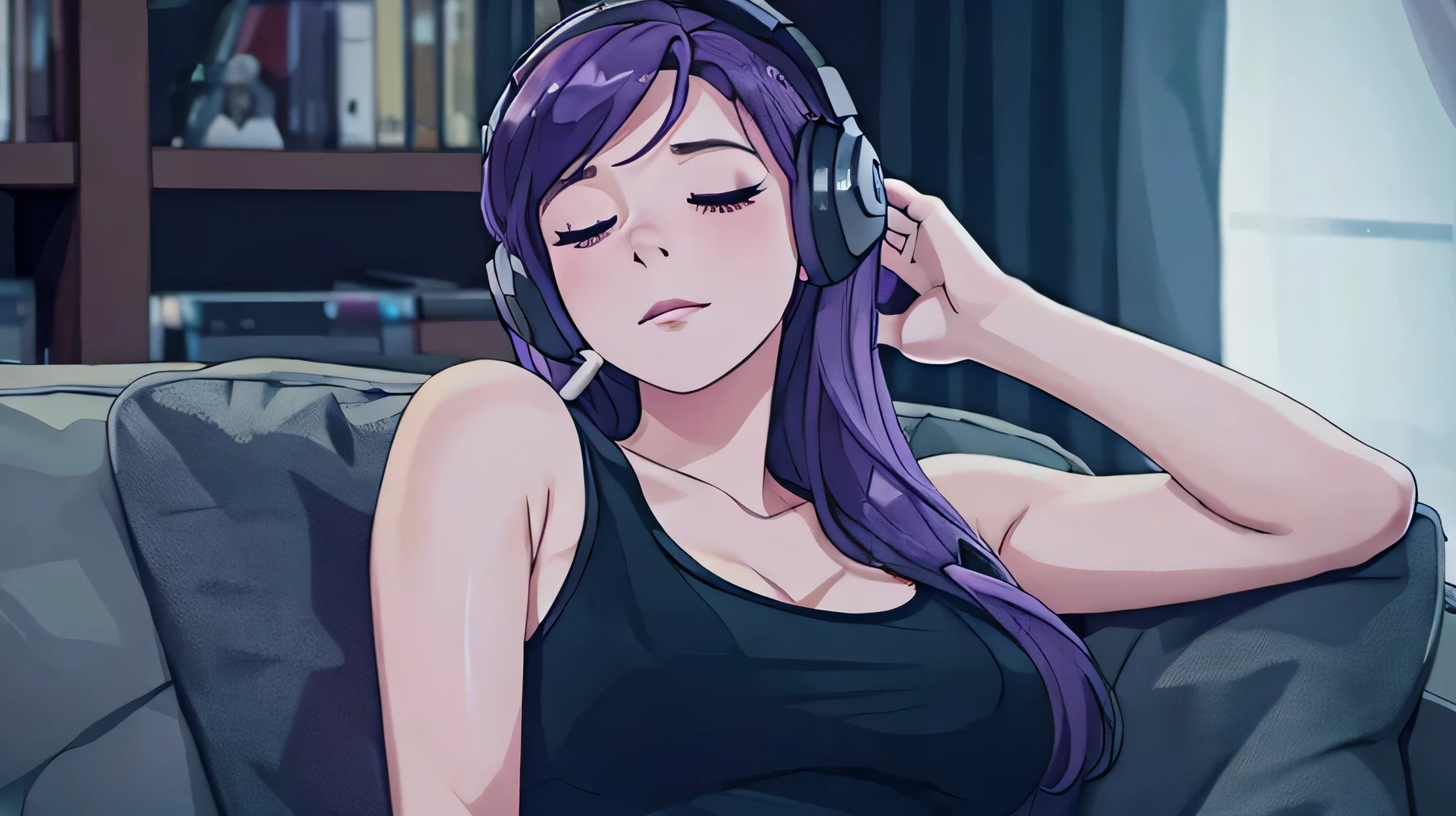 A woman is sitting on a sofa full of images. her hair is purple. A woman is listening to music on headphones. The woman is looking up at her with her eyes closed. The room is dark. she is wearing a tank top.