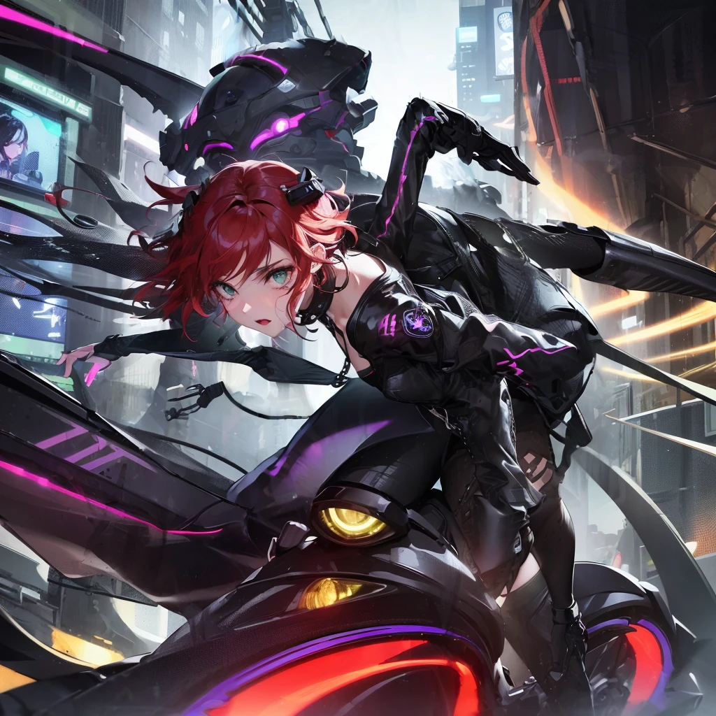 The image shows an illustrated character sitting on a CV 190 Honda. The character has short hair and wears a suit with black violet colors and yellow neons that surround his prominent bodysuit.... The motorcycle looks big and futuristic., same color palette with elegant lines and luminous elements. The background suggests an urban environment illuminated with neon lights., possibly at night. There are various shapes and patterns reminiscent of digital or cybernetic motifs Contributing to the overall sci-fi look of the image.. I imagine this girl with a futuristic appearance and full of mystery.. His body is wrapped in a purple and black jumpsuit, Shiny chains entwine around his arms and legs., as if they were metallic tattoos. The three-strand necklace, with its padlock in the shape of digits, It is their symbol of submission and devotion.. Her red hair falls in waves over her shoulders..., and his green eyes shine with a mixture of passion and obedience. The black dress fits her curves., enhancing her voluptuous figure. Each chain that tightens around her skin is a reminder of her role as a beloved slave.... In the dark garage, the girl prepares for her master. The cyberpunk motorcycle awaits you, Its shiny surface reflects the neon lights of the city. The cat-shaped helmet gives it a mysterious look., and the tail that extends from the back of the seat seems to have a life of its own. She rides the motorcycle with grace., speeding into the night. The wind whistles in his ears as he walks through the dark streets., ready to carry out your master&#39;orders. In this futuristic world, where technology and passion intertwine, she is his slave, your confidant and your lover. The girl with the chains and a cyberpunk motorcycle is an enigma, a mixture of desire and slavery. Their story unfolds under the twinkling lights of the city.., and his figure becomes a legend in the night streets. SIMILAR TO IP:but