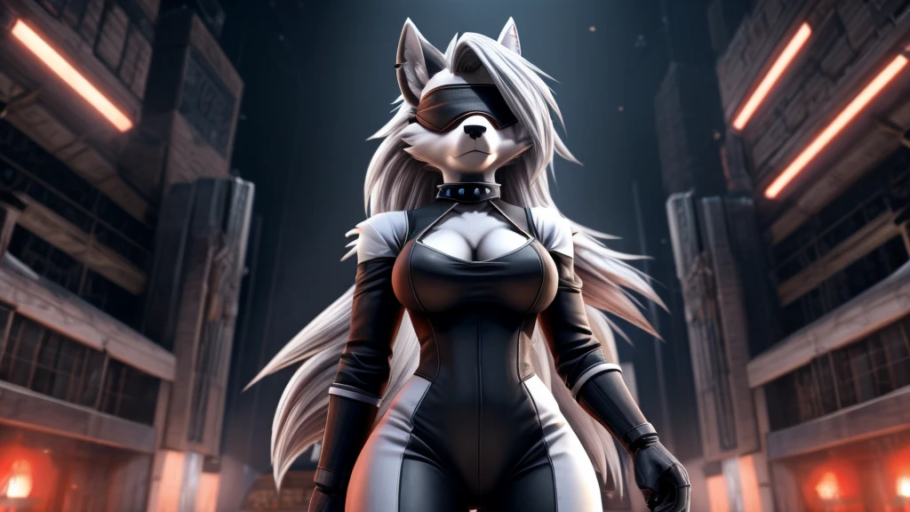 Loona from Helluva Boss, female white wolf, anthro, mature adult, short fluffy white hair, blindfold, white armored combat full bodysuit, standing, serious, extremely detailed, solo, beautiful, front view, high quality, 4K