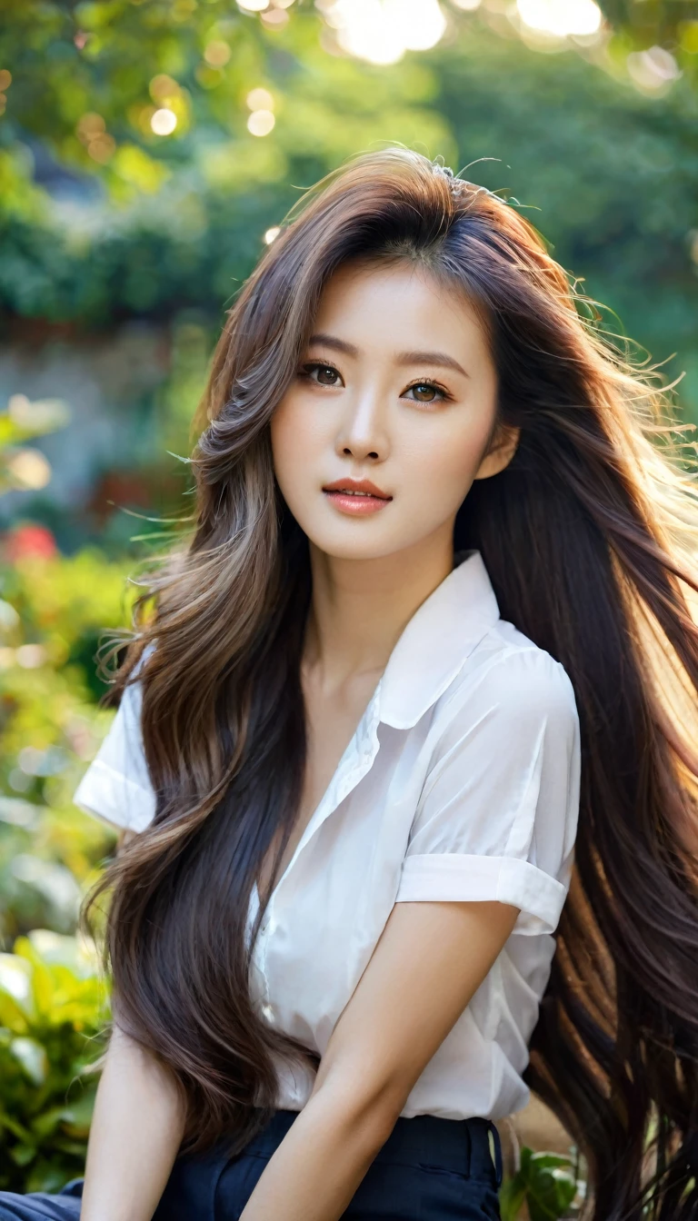 close-up of beautiful korean female, 34 inch breasts size, wearing short sleeve shirt, pants, sitting in the garden, bokeh background z UHD, super crazy hairstyles, beautiful long hairs, crazy long hairs, super long hairs, long hair, crazy long hairs, super long hairs , Long wavy hairstyle
