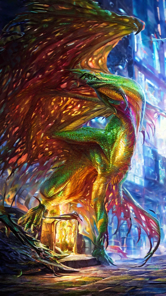 1girl, beautiful detailed eyes, horrified, scared, beautiful detailed lips, extremely detailed eyes and face, long brown spines, tattered clothes, standing on a street corner, award winning, intricate details, photorealistic, cinematic lighting, volumetric lighting, depth of field, beautiful face, striking pose, dynamic composition, vivid colors, warm tones, transformation into a dragon, green dragon with gold scales, magma scales