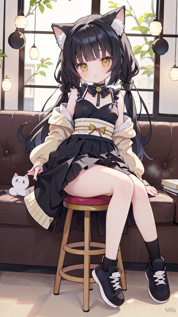 Anime girl sitting on a stool with cat ears erect,seductive anime girl,Have black hair,Yellow eyes,,Cute anime girl,Anime cute art style,Cute anime waifu wearing black clothes,Black mini skirt,Very Beautiful anime cat girl,Indoors,One of her hands is between her inner thighs,Beautiful anime girl,Beautiful anime,Beautiful anime cat girl,Charming anime girl,have beautiful legs,Wearing sneakers