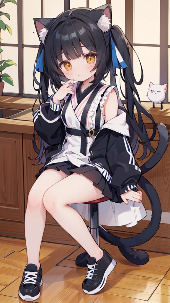 Anime girl sitting on a stool with cat ears erect,seductive anime girl,Have black hair,Yellow eyes,,Cute anime girl,Anime cute art style,Cute anime waifu wearing black clothes,Black mini skirt,Very Beautiful anime cat girl,Indoors,One of her hands is between her inner thighs,Beautiful anime girl,Beautiful anime,Beautiful anime cat girl,Charming anime girl,have beautiful legs,Wearing sneakers