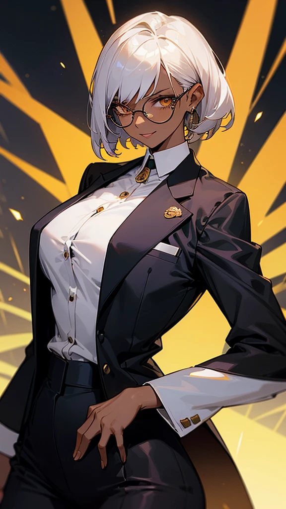 1 Female, adult, dark skinned women, long white short hair, hair over the ears, golden eyes, glasses, black business suit, black tailored jacket, white shirt, black pantsuit, office background, malicious smile, sharp eye,
