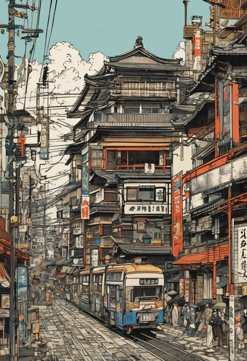 Everyday Scenes in Japan、Ukiyo-e style、high resolution、Modern Building、Old buildings、Complex cities、chaos