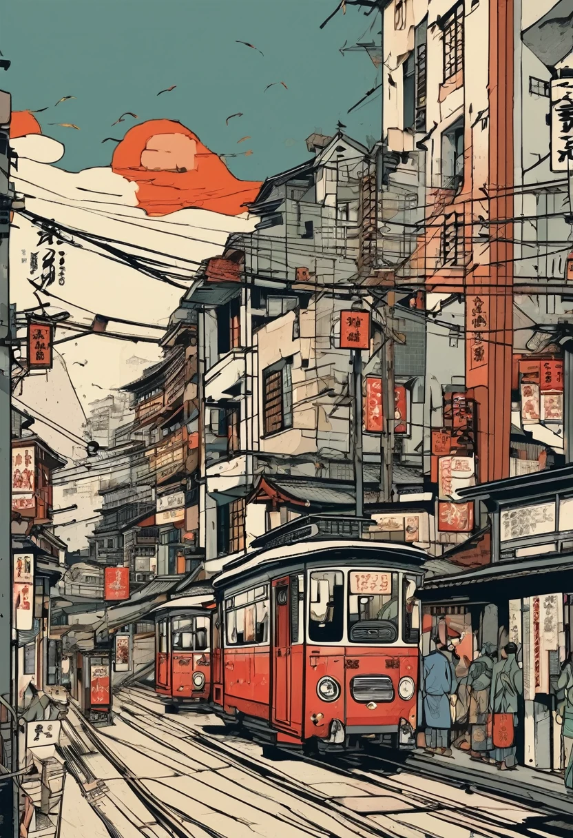 Everyday Scenes in Japan、Ukiyo-e style、high resolution、Modern Building、Old buildings、Complex cities、chaos