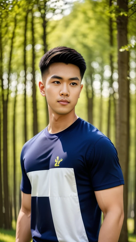 Best quality, offical wallpaper, 1boy, A sunny morning，grassy fields，ln the forest，Wearing navy t shirt,  Realistic, Photorealistic,  (EOS R8,50 millimeters,F1.2,8K,RAW photo:1.2), Bokeh ()