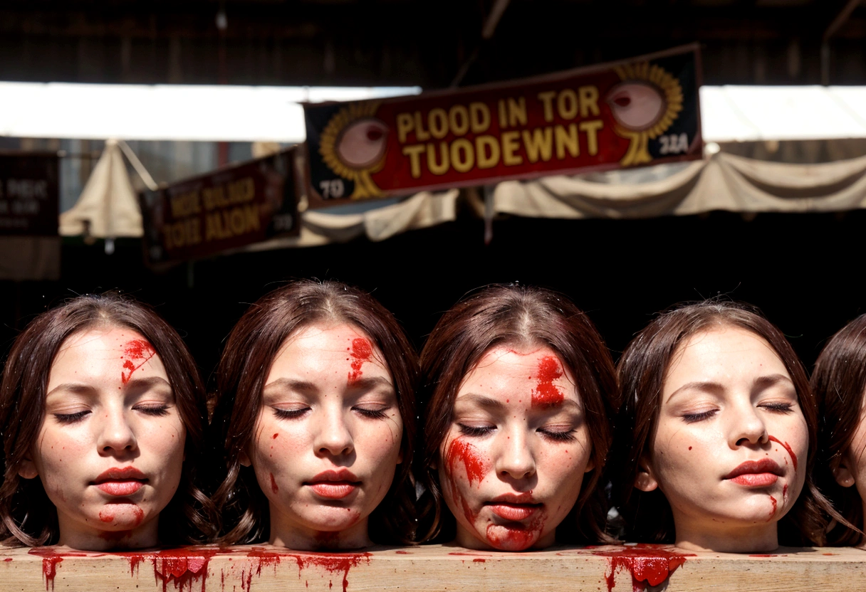Several decapitated heads of beautiful women, on a table, in a public market, full of blood, blood flowing, ((eyes closed)), bleeding, photorealistic, 4K, Nikon, horror, public market
