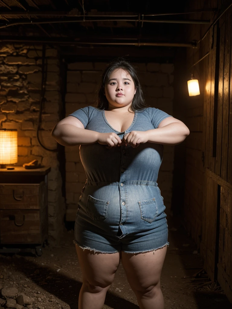 A very fat, obese 10-year-old girl in an underground prison, looking excited, detailed facial features, (best quality,4k,8k,highres,masterpiece:1.2),ultra-detailed,(realistic,photorealistic,photo-realistic:1.37),HDR,UHD,studio lighting,ultra-fine painting,sharp focus,physically-based rendering,extreme detail description,professional,vivid colors,bokeh,dark and moody atmosphere,cinematic lighting,dramatic shadows,claustrophobic environment,rusty metal bars,stone walls,dirt floor,glowing lights,excited expression,chubby cheeks,double chin,plump body,thick arms and legs