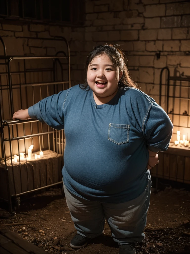 A very fat, obese -yeld giin an underground prison, looking excited, detailed facial features, (best quality,4k,8k,highres,masterpiece:1.2),ultra-detailed,(realistic,photorealistic,photo-realistic:1.37),HDR,UHD,studio lighting,ultra-fine painting,sharp focus,physically-based rendering,extreme detail description,professional,vivid colors,bokeh,dark and moody atmosphere,cinematic lighting,dramatic shadows,claustrophobic environment,rusty metal bars,stone walls,dirt floor,glowing lights,excited expression,chubby cheeks,double chin,plump body,thick arms and legs