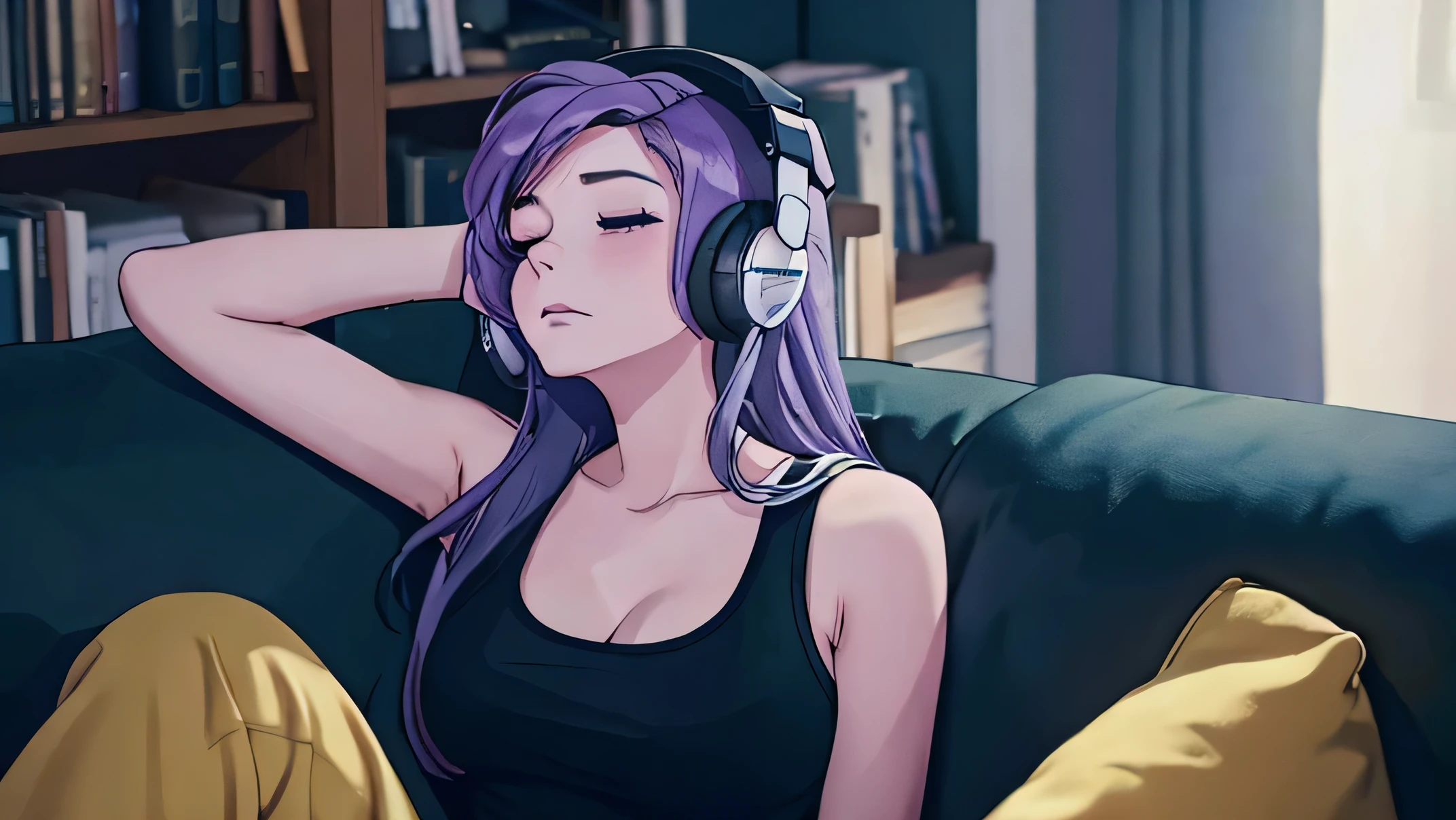 A woman is sitting on a sofa full of images. her hair is purple. A woman is listening to music on headphones. The woman is looking up at her with her eyes closed. The room is dark. she is wearing a tank top.