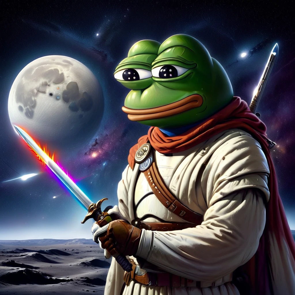 Pepe the frog, starwars character, holding a saber sword, on the moon watching the universe, highly detailed, photorealistic, vivid colors, cinematic lighting, dramatic composition, intricate details, digital painting, concept art style