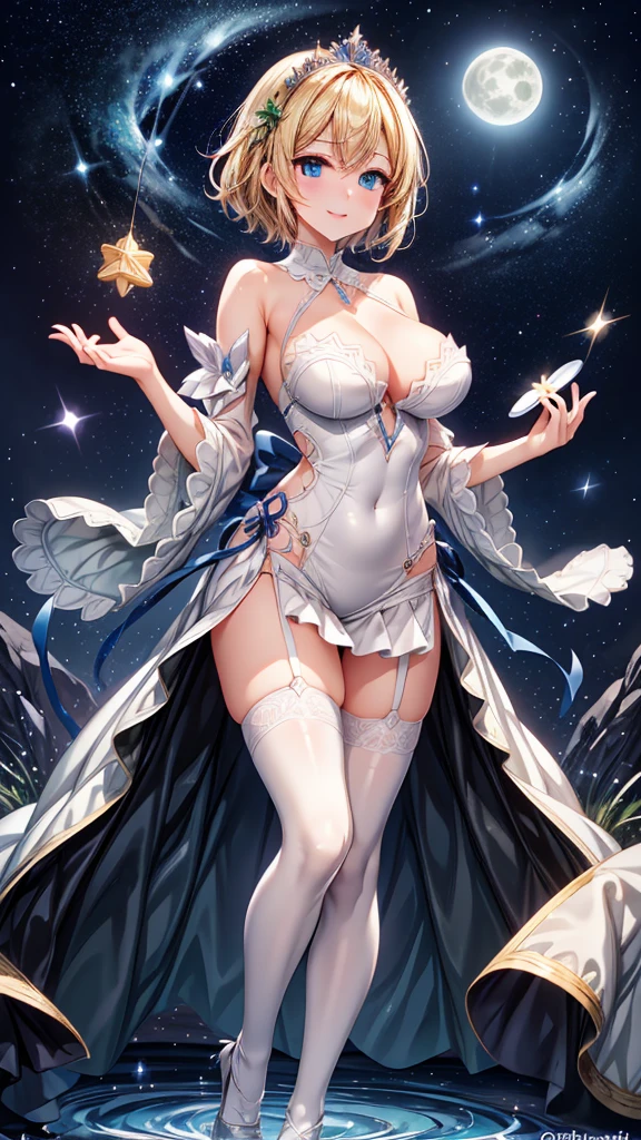((masterpiece, Highest quality)), Delicate face,magician,Full body paint,Perfect Body Proportions,Large Breasts,Long legs、blonde,tiara,Short Hair、Emerald Eyes、Beautiful Eyes,Fantasy Style,so beautiful,White Background,so beautiful,Full moon night,Water Ripples,Transparency,blue and white halter dress、Race,White garter stockings,Star ornament、Race、blush、smile、Embrace the Stars