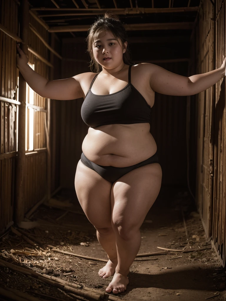 A very fat, obese in an underground prison, looking excited, detailed facial features, (best quality,4k,8k,highres,masterpiece:1.2),ultra-detailed,(realistic,photorealistic,photo-realistic:1.37),HDR,UHD,studio lighting,ultra-fine painting,sharp focus,physically-based rendering,extreme detail description,professional,vivid colors,bokeh,dark and moody atmosphere,cinematic lighting,dramatic shadows,claustrophobic environment,rusty metal bars,stone walls,dirt floor,glowing lights,excited expression,chubby cheeks,double chin,plump body,thick arms and legs