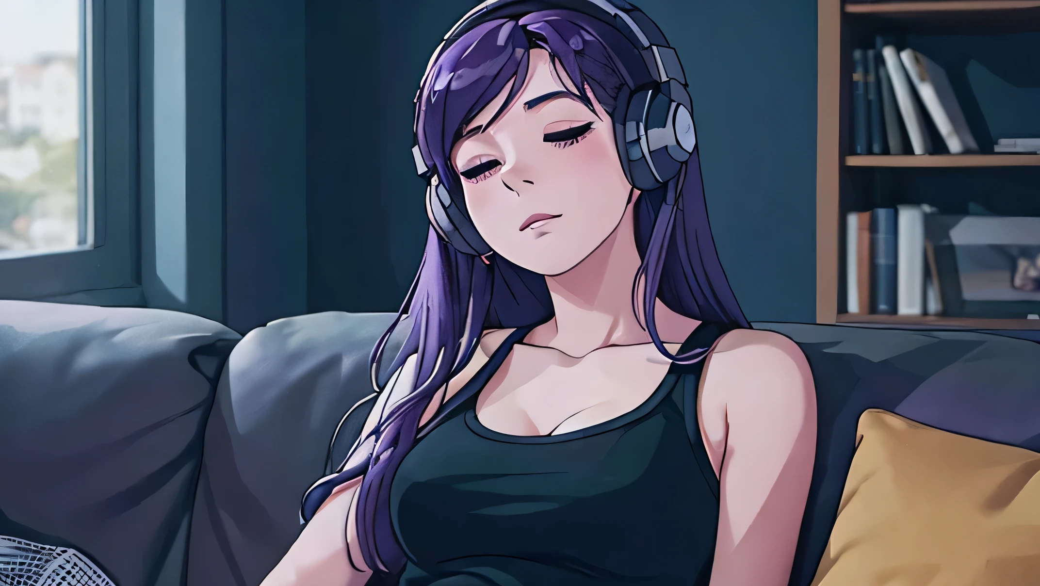 A woman is sitting on a sofa full of images. her hair is purple. A woman is listening to music on headphones. The woman is looking up at her with her eyes closed. The room is dark. she is wearing a tank top.