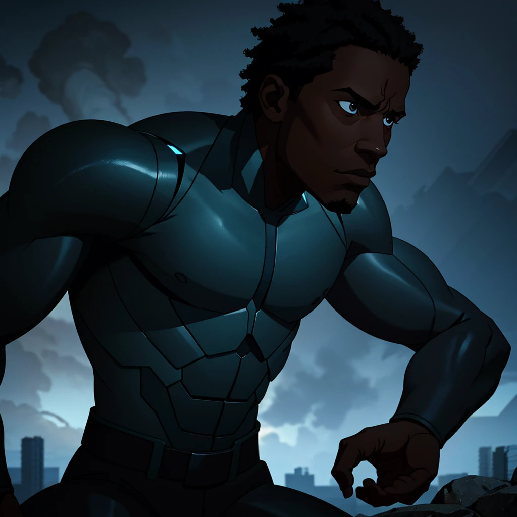 photo of a depressed black man fighting against his thoughts, cinematic action, masterpiece, super detail, textured skin, atmospheric perspective,