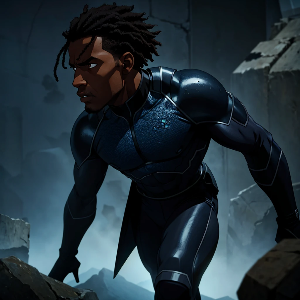 photo of a depressed black man fighting against his thoughts, cinematic action, masterpiece, super detail, textured skin, atmospheric perspective,
