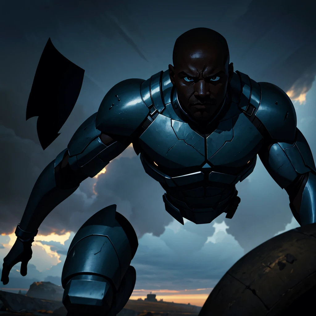 photo of a depressed black man fighting against his thoughts, cinematic action, masterpiece, super detail, textured skin, atmospheric perspective,