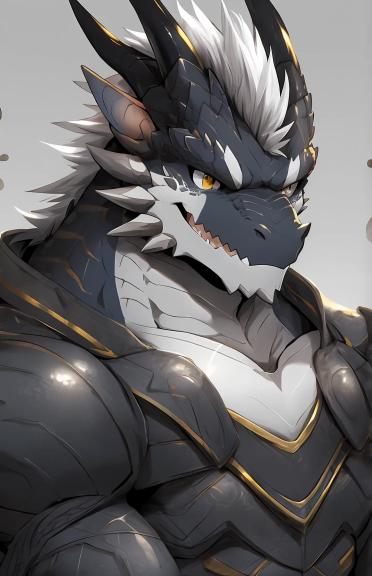 (by sollyz),dragon,white with black body,scale,detail face, detail eyes, detail,male, short hair,
,handsome,simple background,smile,
strong,epic,