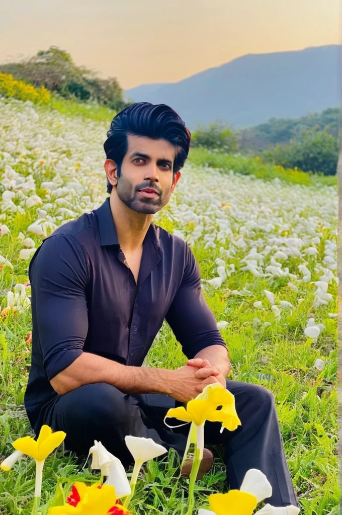 sendhil ramamurthy a man incredible portrait, field of paper flowers, evanescence, gorgeous lighting  sad 