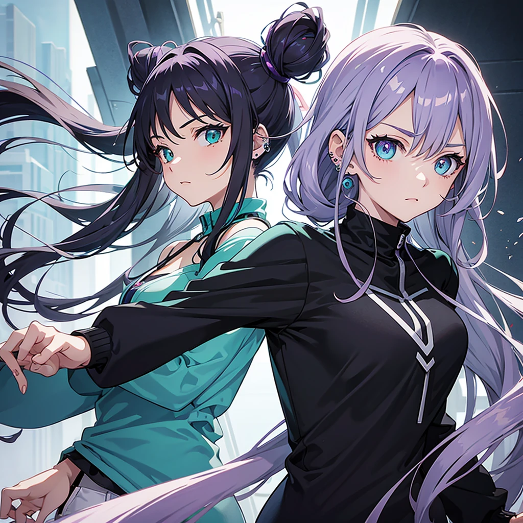 Anime panel, women intense turquoise eyes, upper body, gray wavy hair with purple highlights, serious, ear piercing, black casual outfit