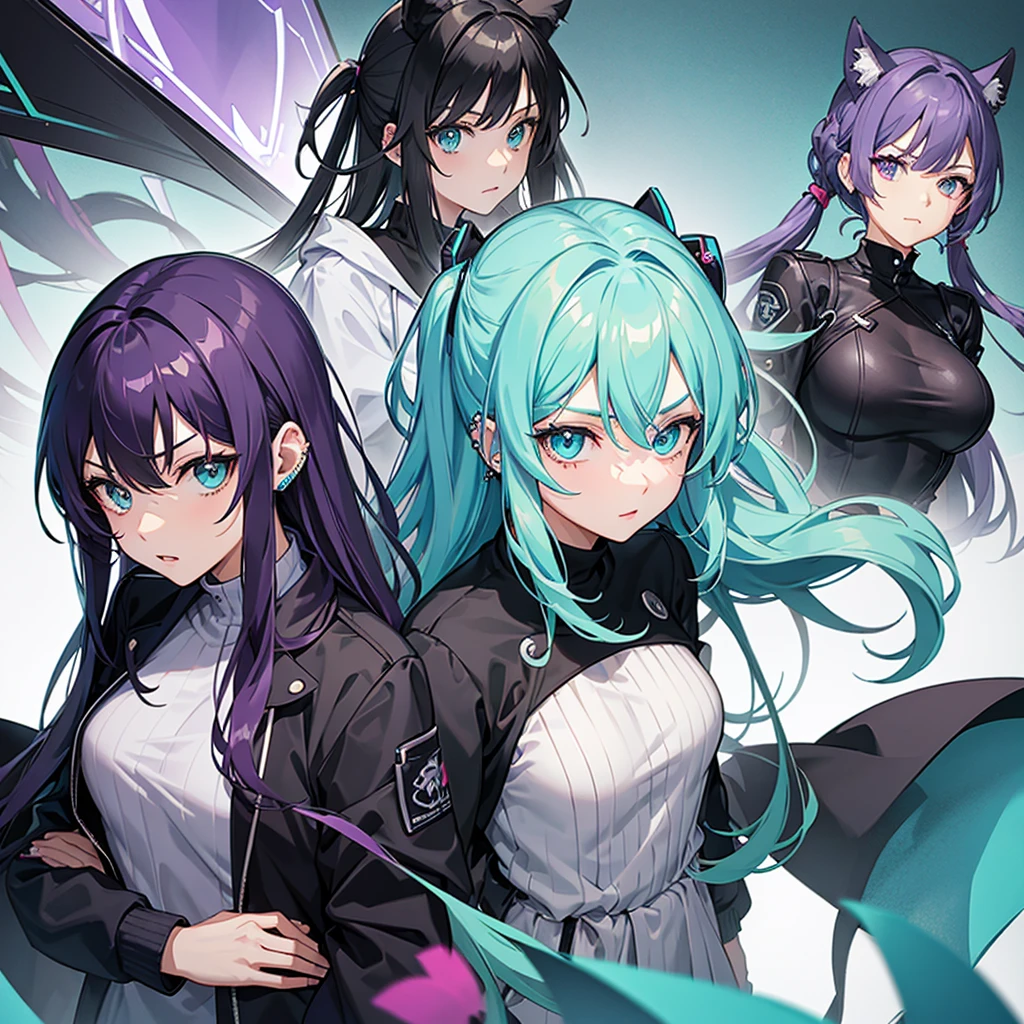 Anime panel, women intense turquoise eyes, upper body, gray wavy hair with purple highlights, serious, ear piercing, black casual outfit
