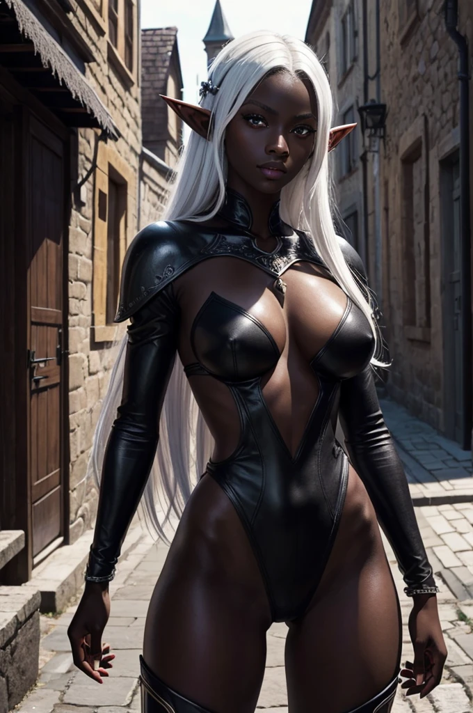 ((best quality)), ((masterpiece)),((detailed)), drow, dark elf, woman with white hair, red pupils, ((black skin)), focus on face, eighteen years old, sexy, sensual, long legs, athletic body, well-toned body, skinny body, fullbody, large breasts, open neckline, sexy black armor, skinny thighs, medium hair, long eyelashes, elf ears, black colored skin, sunny medieval town