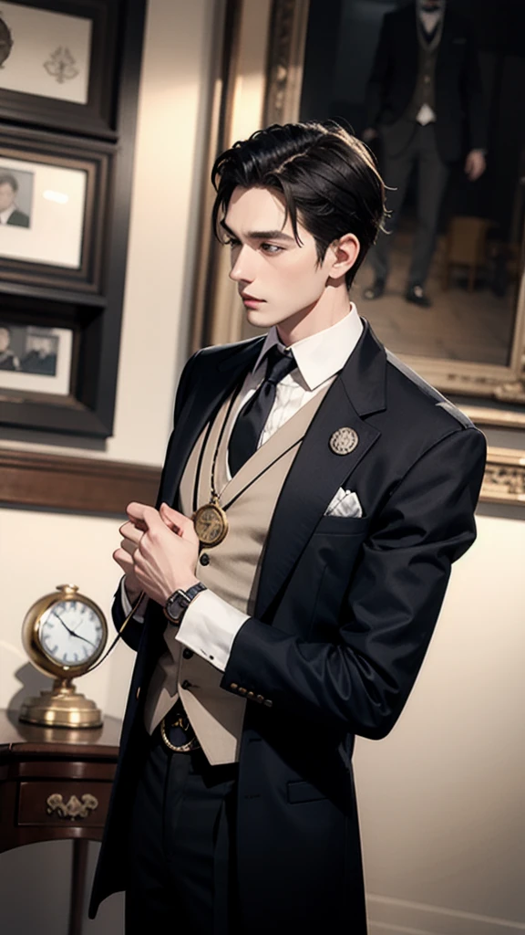 Mr. James clutches the pocket watch.