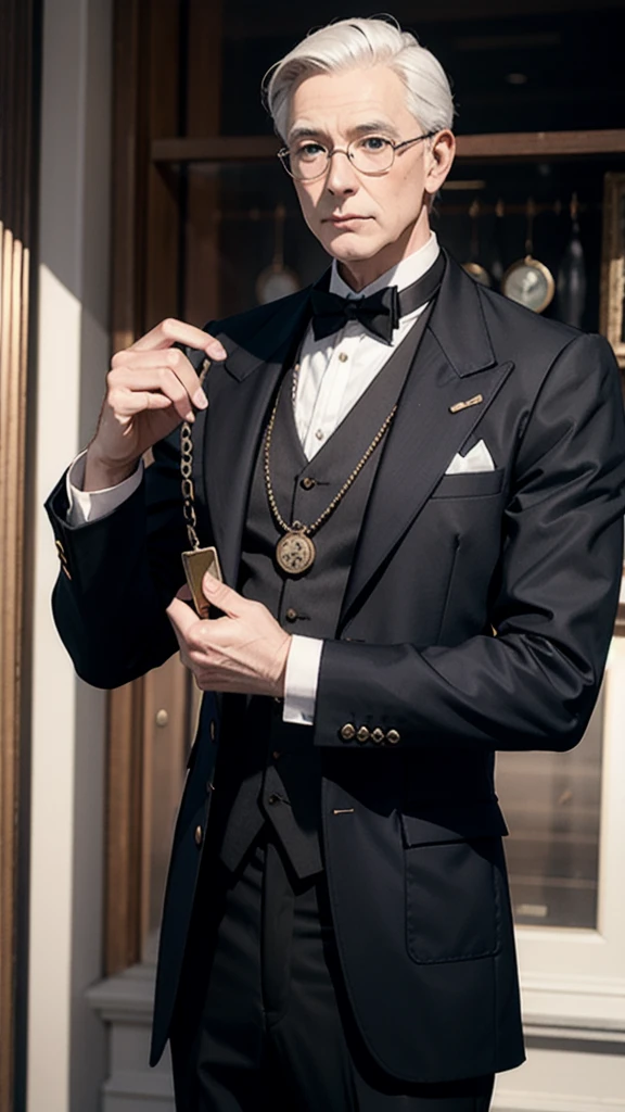 Mr. James clutches the pocket watch.