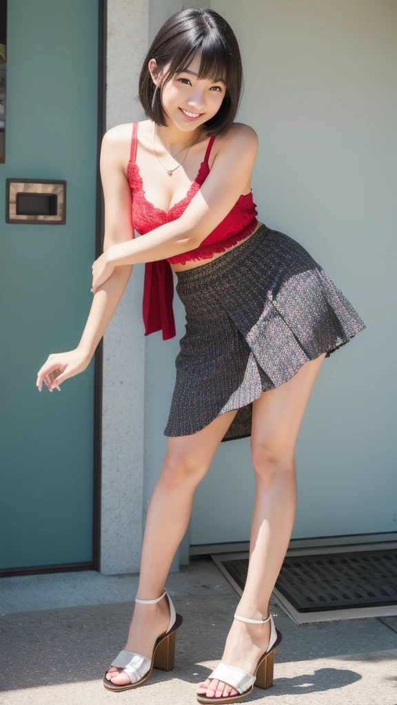 (8K, Realistic, RAW Photos, Highest quality: 1.4),Japanese idol-style beautiful girl,1 person,18-year-old,Short Bob,She has her hair tucked behind her ears,Large, clear grey eyes,Long eyelashes,(piercings(small)),(Lip gloss),lips(Plump,glossy),Tank top,Lace Cardigan,(Long flared skirt),Long legs,Barefoot and high heels,In town,Smiling at the camera,Front view,Full body portrait
