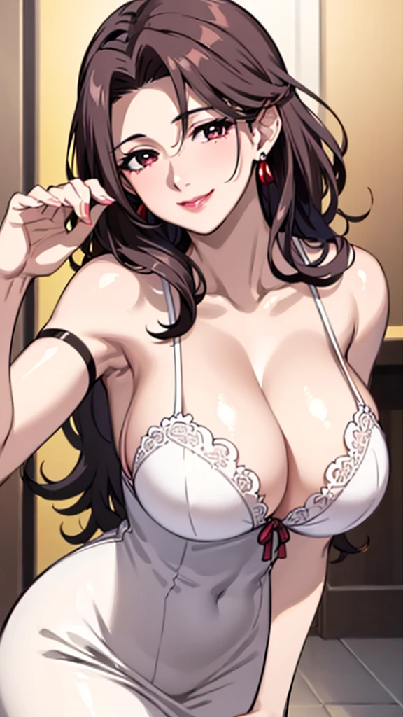 beauty,Mature,sexly,Married Woman,White collar,bangs,Brown curly hair,Big breasts,cleavage,Face red,Smile,lipstick,Upper body close-up,Crescent shaped earrings,Xiang Lian,Nipple showing