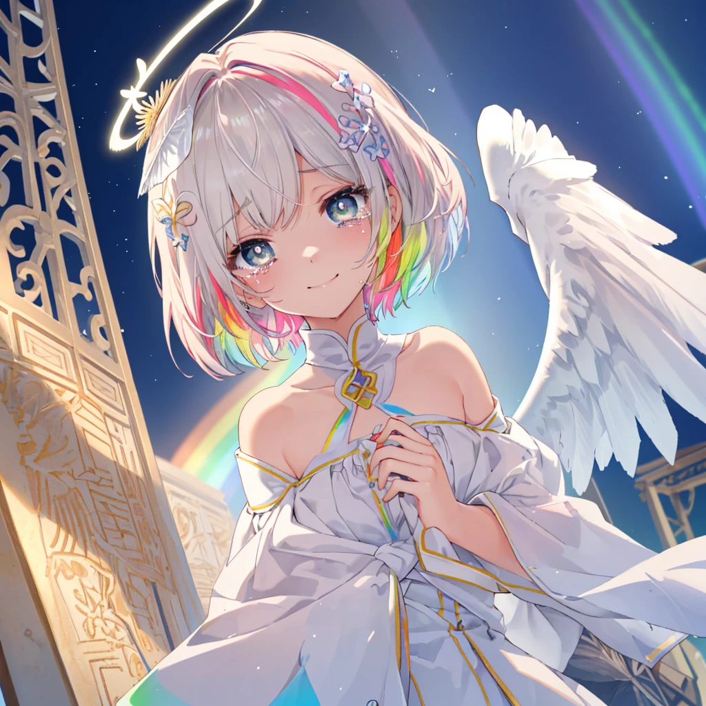 (((Extreme close-up　tears　smile　Low - Angle　Dove of peace　Angel Halo)))　((輝くtears　Rainbow Eyes　Short Hair　Receiving the light　Rainbow light　Place your hand on your chest　Aurora　Stretch your hand out towards me))　(Shining Edge　　Pillar of Light)