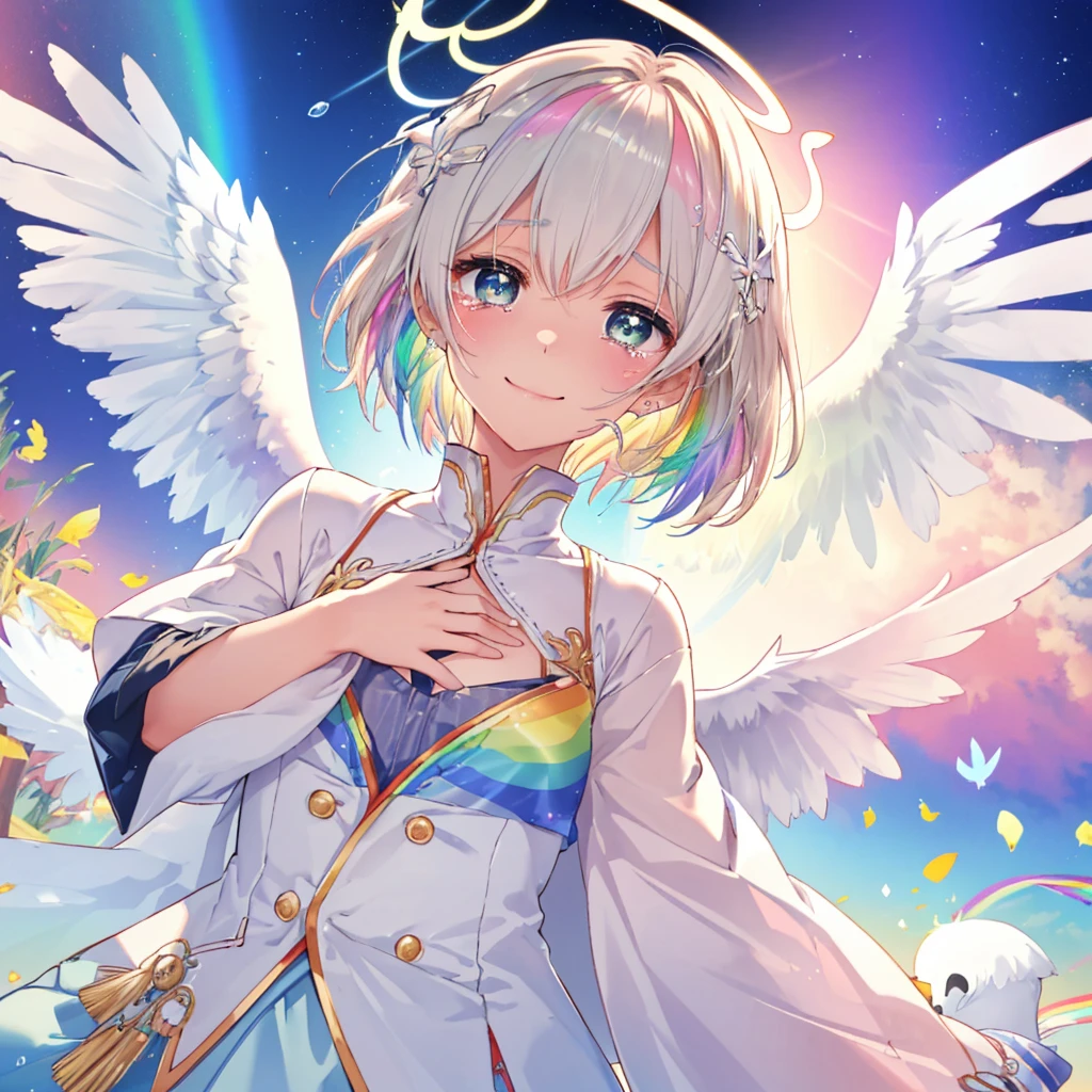 (((Extreme close-up tears smile Low - Angle Dove of peace Angel Halo))) ((輝くtears Rainbow Eyes Short Hair Receiving the light Rainbow light Place your hand on your chest Aurora Stretch your hand out towards me)) (Shining Edge Pillar of Light)