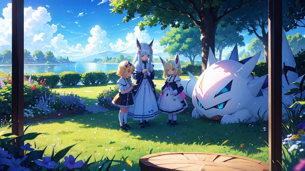 High-definition background, bright and beautiful atmosphere, 3 girls (2 years old, (1 short-tempered round face), (1 child)) (hair, surface effect), color effect), small breasts, blonde hair, very wide blue sky , a lawn that can be seen all the way to the horizon, girls wearing beautiful clothes, and girls playing together on the lawn, deltamon_sdXL:0.73) >Deltamon Negative Prompt