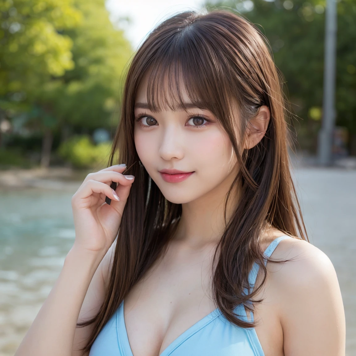 (((masterpiece, 1 beautiful girl, Detailed eyes, Swollen eyes, Highest quality, 超High resolution, (reality: 1.4), Light, Japanese, Trendy Korean cosmetics、Asian Beauties, Very very beautiful, Beautiful skins, Slender, Forward-facing body, (超reality的な), (High resolution), (8K), (Very detailed), ( Best illustrations), (Beautiful and detailed eyes), (Ultra-detailed), (wallpaper), Detailed face, Bright lighting, Professional Lighting, Looking at the audience, Look straight ahead、Pixie Cut、Sexy Swimsuit:1.4、The background is a bit blurred、Hair color is black、Hair color is partly bright blue、Japanese girl、Provocative and sexy bikini:1.4、Great smile、Eye color is brown、huge 、ponytail))), BREAK 1人の少女, solo,((Brown Hair:1.5)), reality的な, reality的な, Looking at the audience, ((Brown long hair:1.4)), Pink, lips, Outdoor, Upper body、Big eyes、Eyelashes、((Shining beautiful landscape))、(((Long hair with bangs、Shiny Blonde、Big eyes、large full chest、Intensely accentuates the eyes、Staring at the audience、Beautiful beauty、Listen carefully、Long neck、Smile a little、Please close your mouth and laugh、Ideal body proportions)))、{huge|big|hugeな|Mega} chest, chestの谷間、Wet Skin:1.2、(((Naughty expression、Watery eyes、Looking up、Sexy pose:1.2))), BREAK absurdres, highres, ultra detailed, BREAK (1girl:1.3), __hair-female-short__, BREAK from front, BREAK beach scene, Cowboy Shot, thigh:1.2, t-shirt,microbikini:1.5,pink,skyblue
