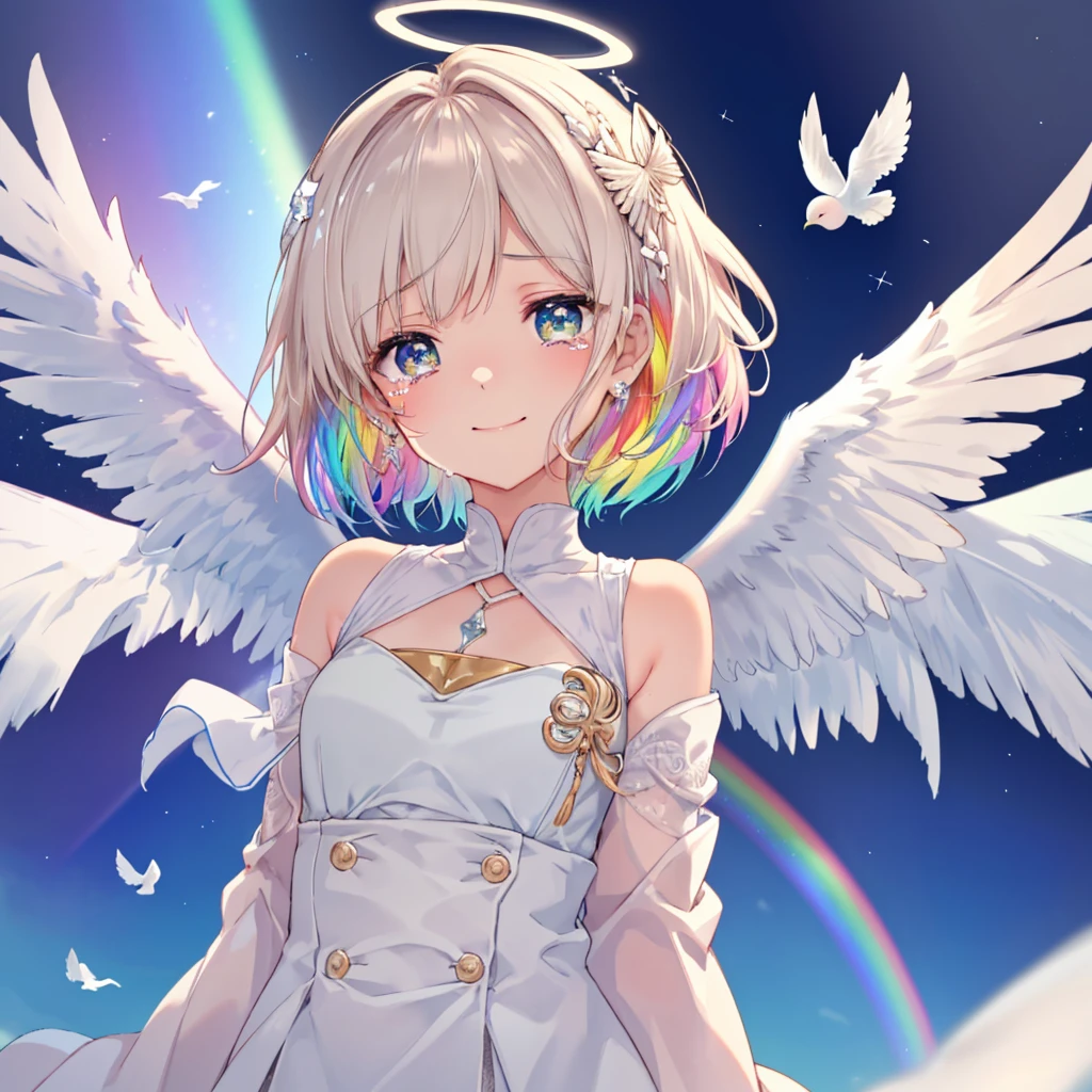 (((Extreme close-up tears smile Low - Angle Dove of peace Angel Halo))) ((輝くtears Rainbow Eyes Short Hair Receiving the light Rainbow light Place your hand on your chest Aurora Stretch your hand out towards me)) (Shining Edge Pillar of Light)