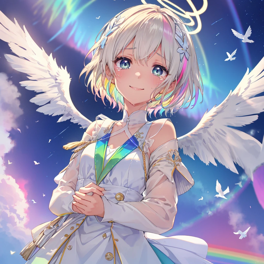 (((Extreme close-up tears smile Low - Angle Dove of peace Angel Halo))) ((輝くtears Rainbow Eyes Short Hair Receiving the light Rainbow light Place your hand on your chest Aurora Stretch your hand out towards me)) (Shining Edge Pillar of Light)