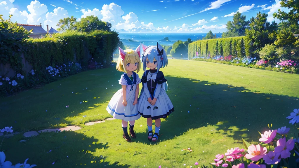 High-definition background, bright and beautiful atmosphere, 3 girls (2 , (1 short-tempered round face), (1 child)) ( surface effect), color effect), small breasts, blonde hair, very wide blue sky , a lawn that can be seen all the way to the horizon, girls wearing beautiful clothes, and girls playing together on the lawn, deltamon_sdXL:0.73) >Deltamon Negative Prompt