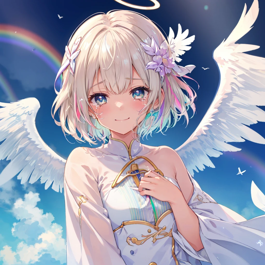 (((Extreme close-up　tears　smile　Low - Angle　Dove of peace　Angel Halo)))　((輝くtears　Rainbow Eyes　Short Hair　Receiving the light　Rainbow light　Place your hand on your chest　Aurora　Stretch your hand out towards me))　(Shining Edge　　Pillar of Light)