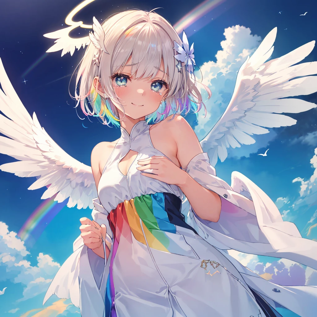 (((Extreme close-up tears smile Low - Angle Dove of peace Angel Halo))) ((輝くtears Rainbow Eyes Short Hair Receiving the light Rainbow light Place your hand on your chest Aurora Stretch your hand out towards me)) (Shining Edge Pillar of Light)